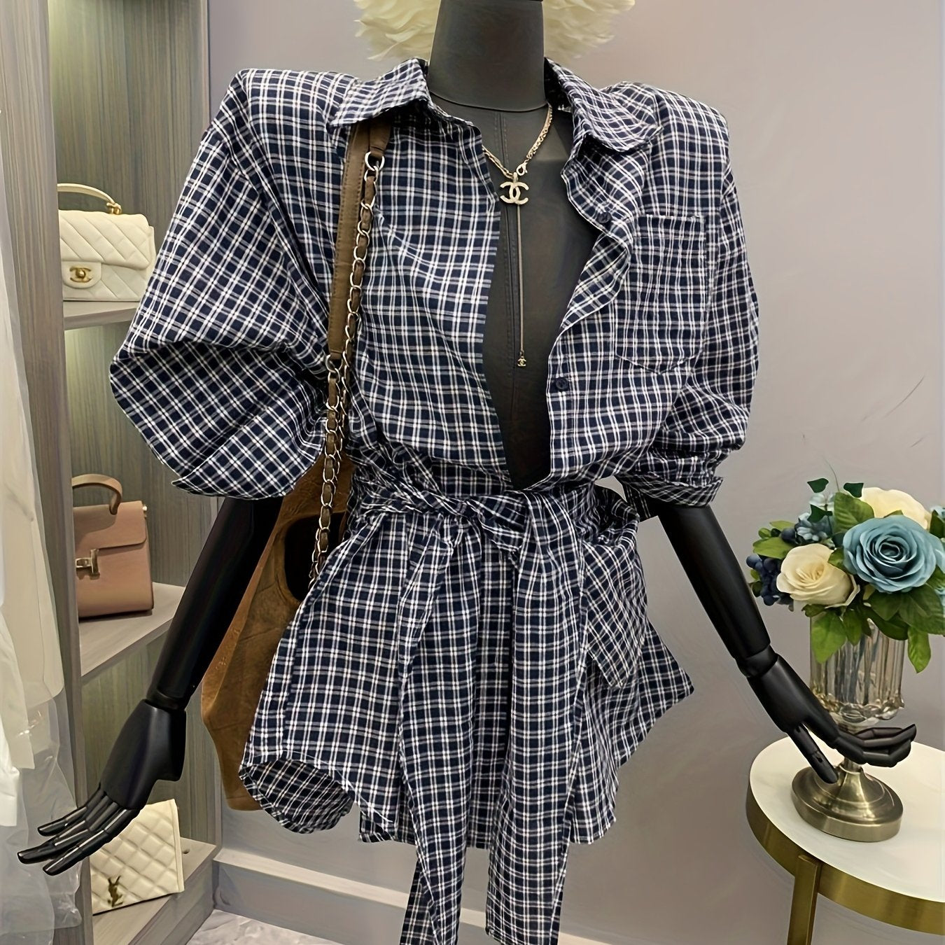 Women's Korean-Inspired Oversized Gingham Check Blouse with Belt-like Waist Tie - Blue & White Button-Front Shirt Jacket, Long Sleeve Layered Midi Length for Spring/Fall, Casual & Semi-Formal Wear (Machine Washable), Tops, Bl