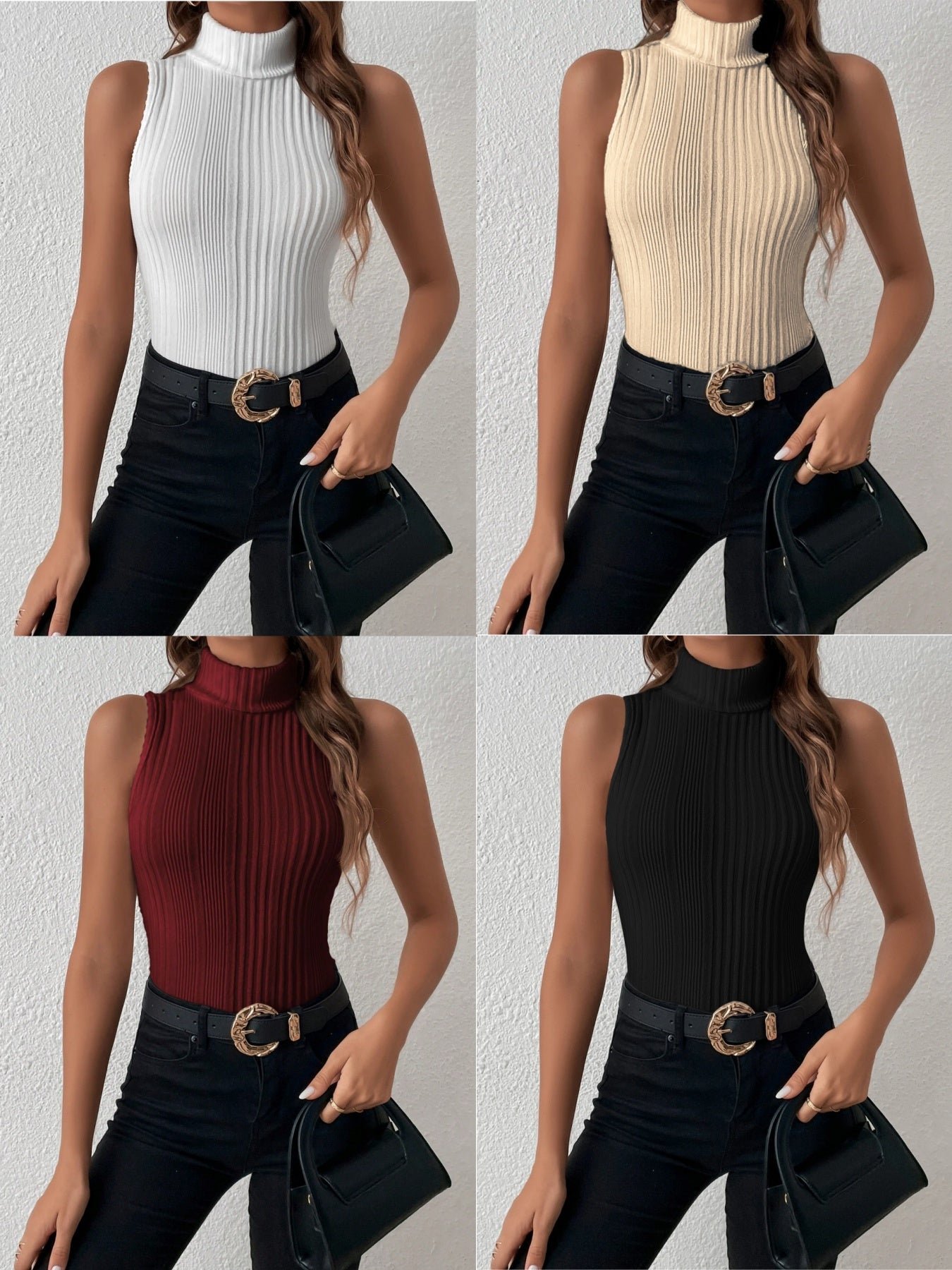 4 Colors Women's Elegant Turtleneck Tops 4pcs Set - Solid White//Beige/Black High-Neck Shirts, Versatile Layering Blouses for Spring Summer Fall, Casual & Formal Wear, Machine Washable (No Bulk), Tops For Women, High Neck Top