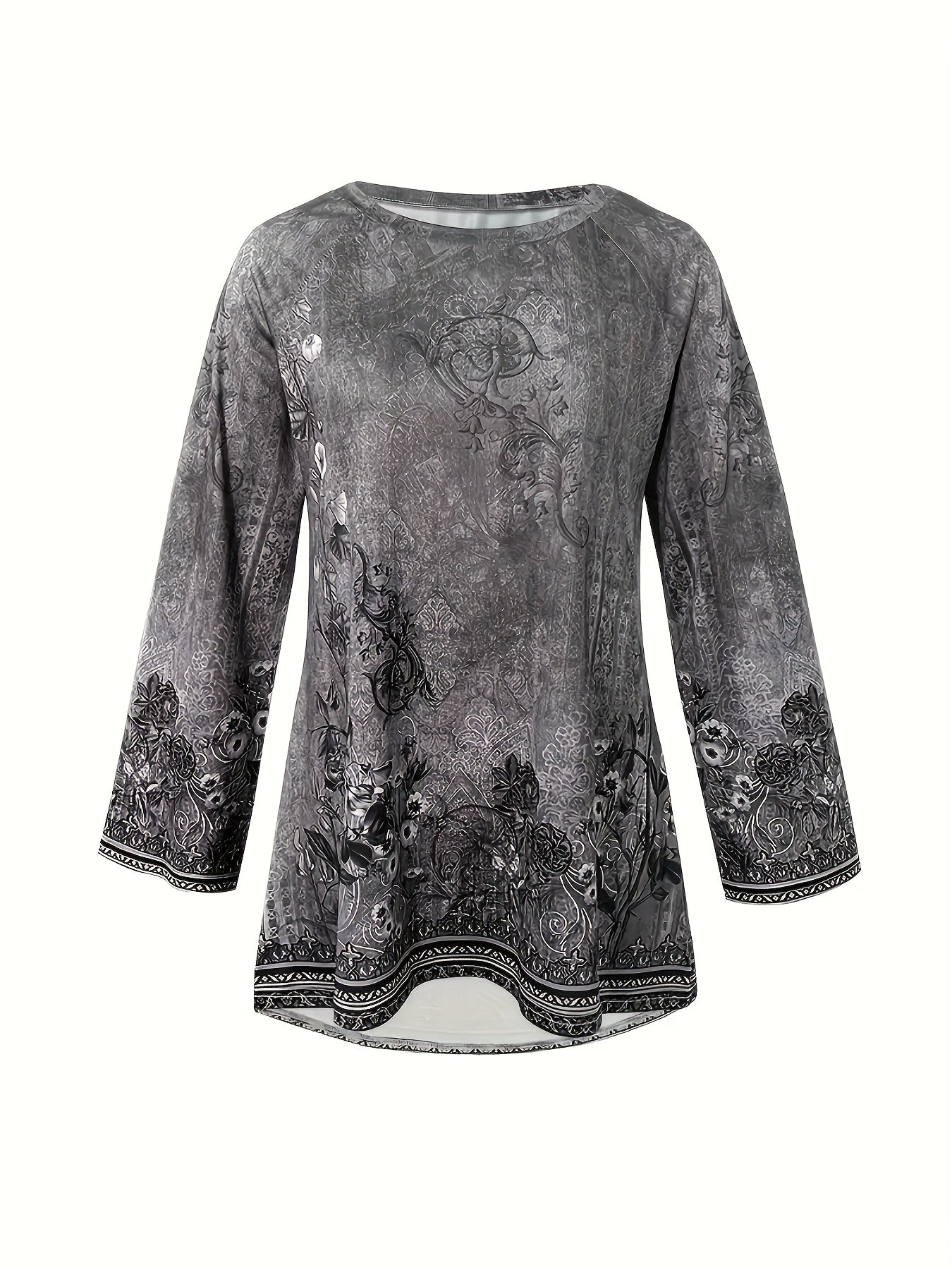 [Elegant Velvet Tunic Top] Women's Elegant Long Sleeve Tunic Top - Soft Velvet Floral Print, Round Neck, Long Length, Versatile Casual & Formal Wear for Fall/Winter, Autumn Winter Apparel | Floral Print Top | Soft Velvet Fabr