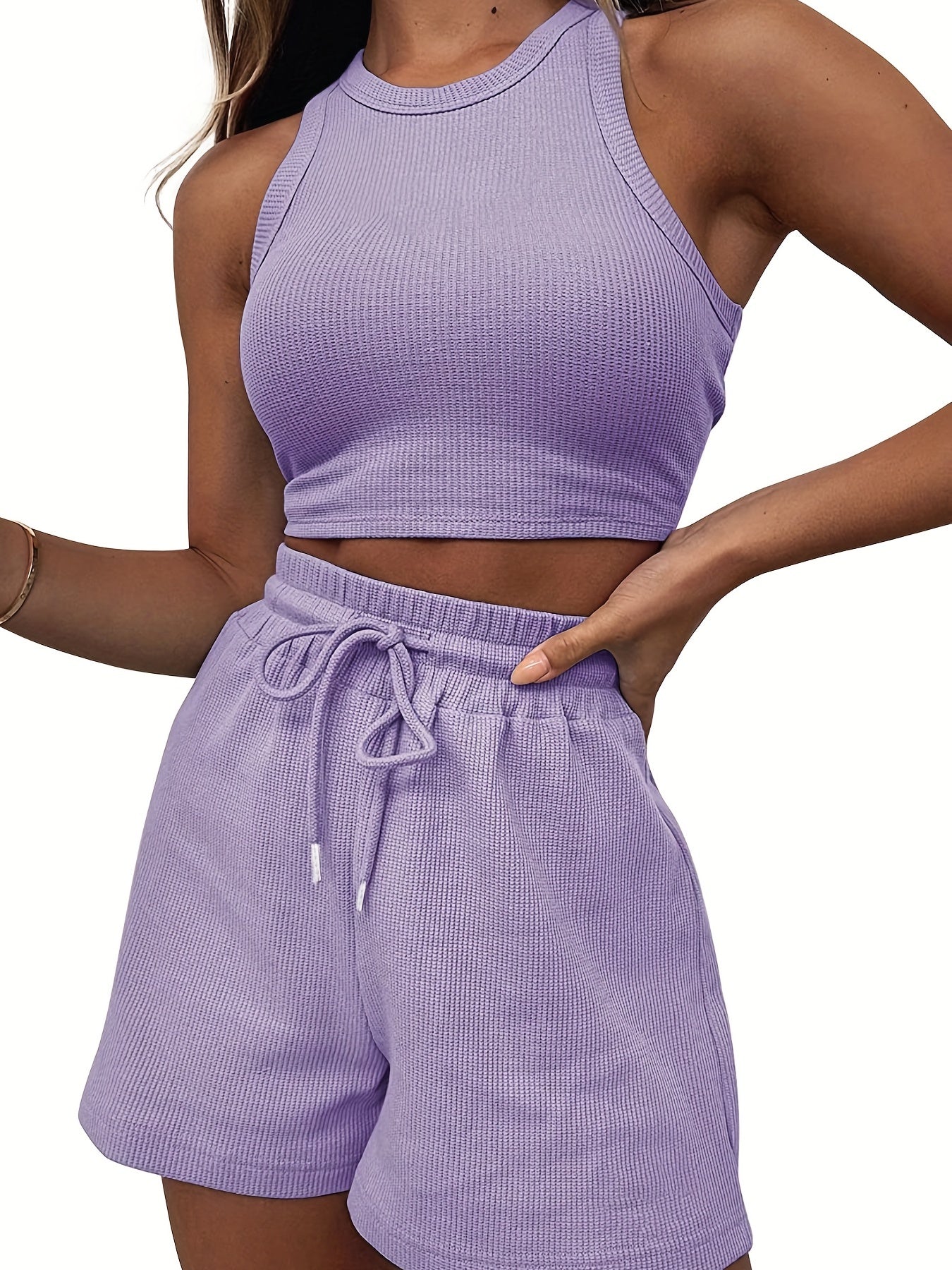 2-Piece Women's Casual Sportswear Set - Comfy Ribbed-Knit Crop Top & Adjustable Drawstring Shorts - Versatile Sleeveless Outfit for Outdoor Activities