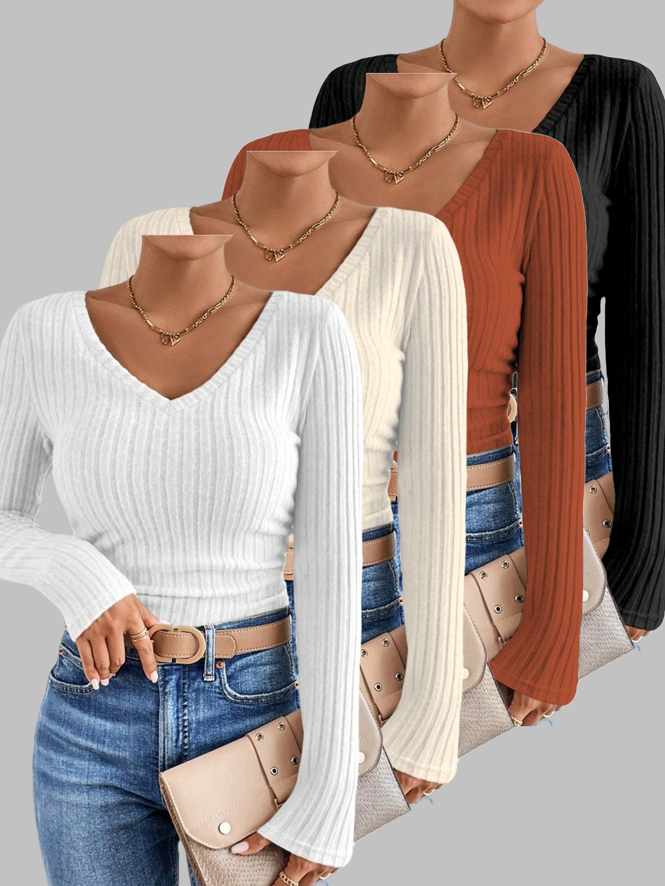 Plus Size, 4pcs Women's Plus Size Oversized V-Neck Sweater Set - Longline Tunic Tops with Semi-Sheer Layering, Solid Color Coats in White, Black, Brown, Orange | Stretchy Fabric, Machine Washable, Spring/Fall Winter Casual to