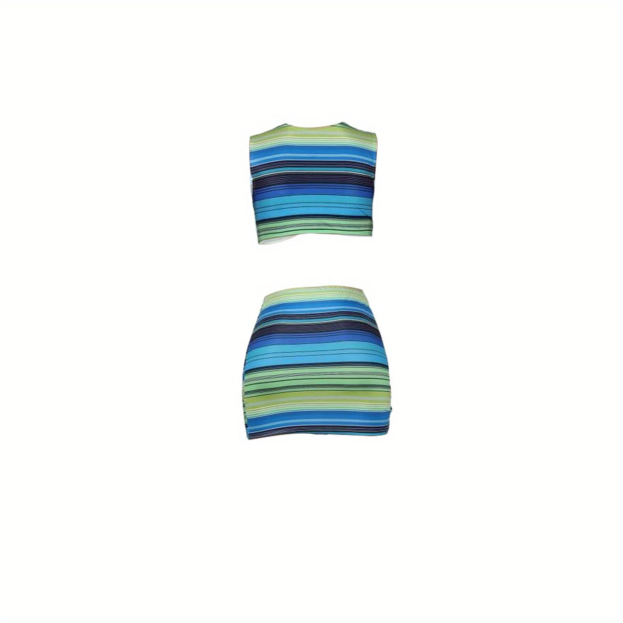 Stripe Seduction: Sleek Spring/Summer Women's Crop Top & Skirt Set with Ring Detail - Stretchy & Easy-Care