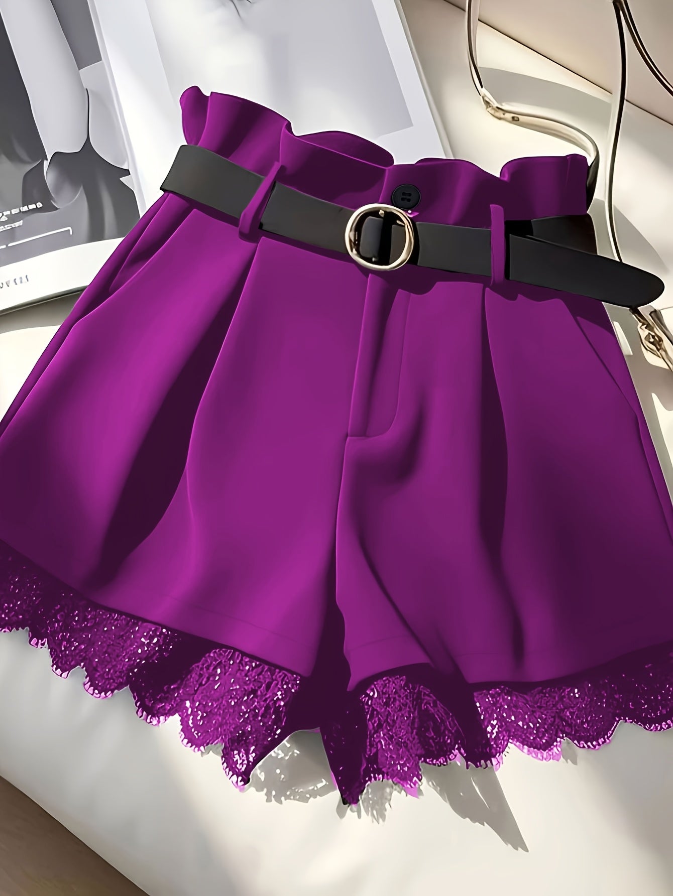 Women'S Elegant Black Lace Trim Skirt Shorts - High-Waisted Pleated Design with Golden Button Belt, Non-Stretch Fabric, Green Skirt For Women, Green Skirt, Elegant Woman Short, Woman Short Skirt, Women Shorts, Women Short, El