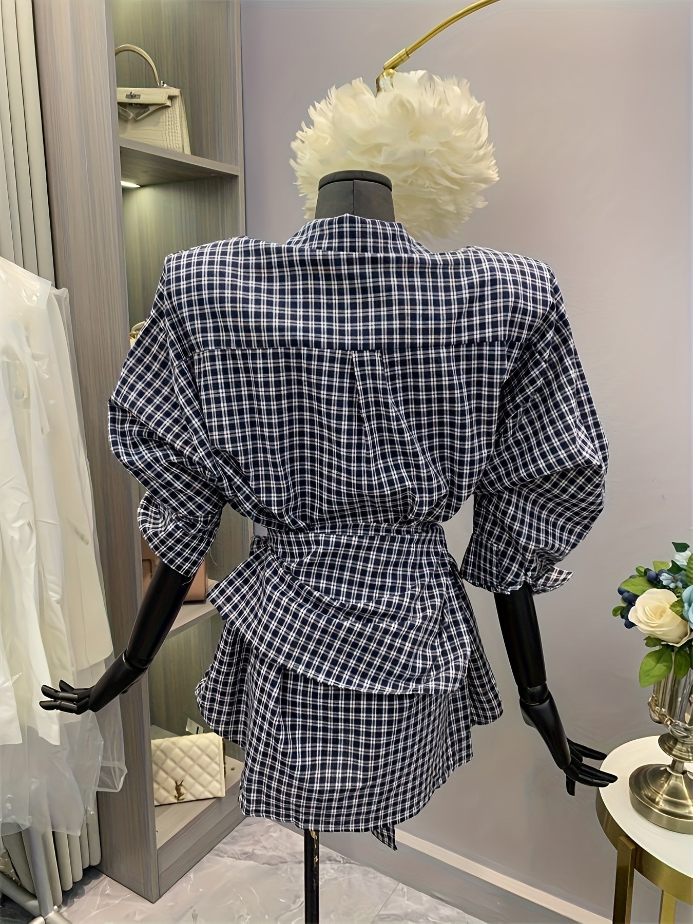 Women's Korean-Inspired Oversized Gingham Check Blouse with Belt-like Waist Tie - Blue & White Button-Front Shirt Jacket, Long Sleeve Layered Midi Length for Spring/Fall, Casual & Semi-Formal Wear (Machine Washable), Tops, Bl