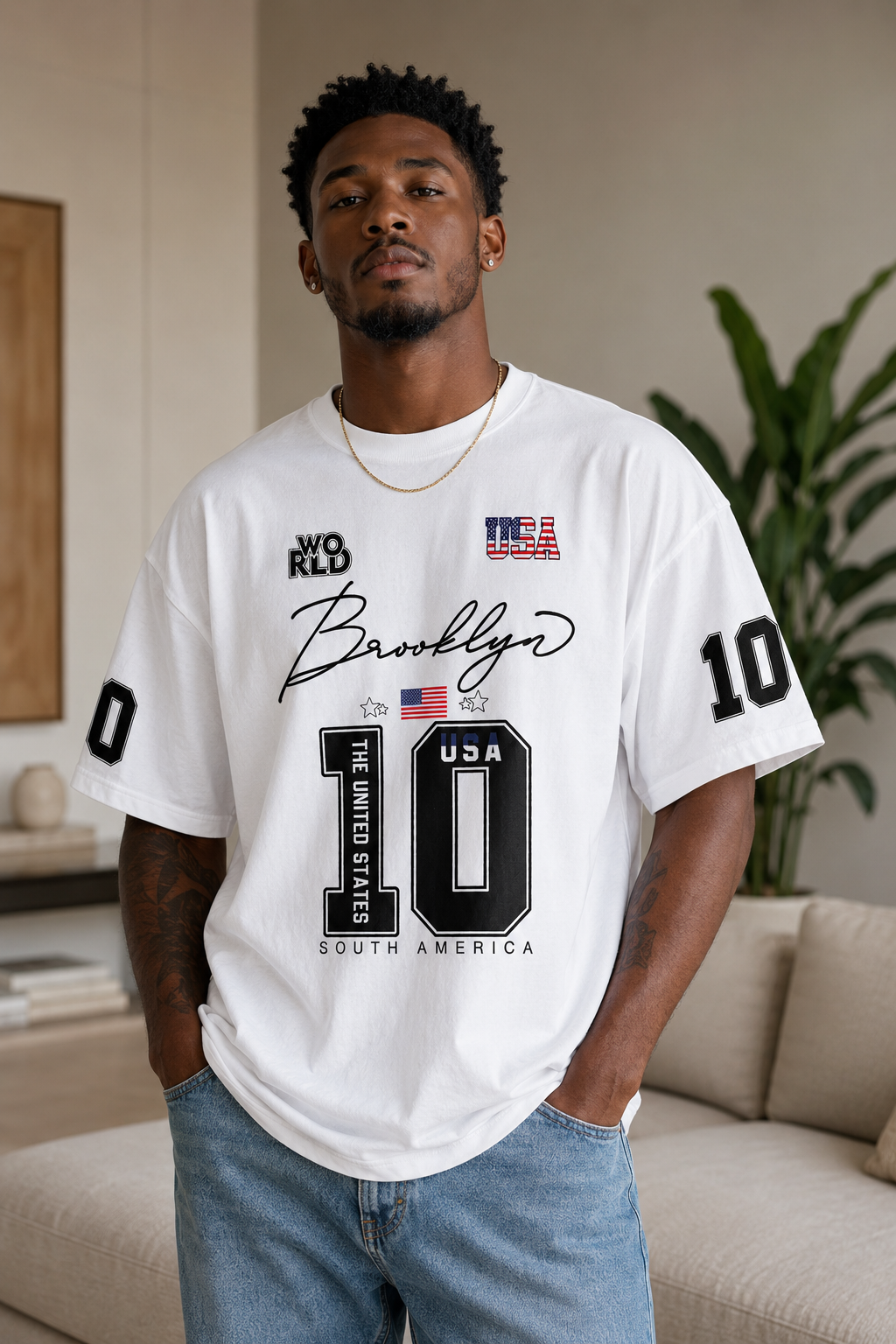 American Street Pattern Print Men'S T-Shirt, Street Style, Suitable for Daily Wear, Loose Drop Shoulder Short Sleeve T-Shirt